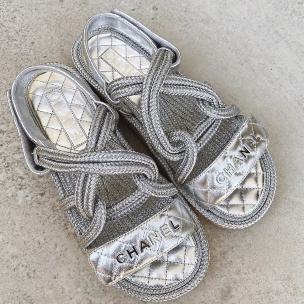 🎁SOLD CHANEL🤩20S CC Lambskin Cord Rope Logo Dad Sandals in Silver Sz 39 - Picture 2 of 16